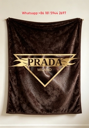 Prada Dark Brown Leather Texture Gold Logo Print Flannel Throw Blanket IMG_2775
